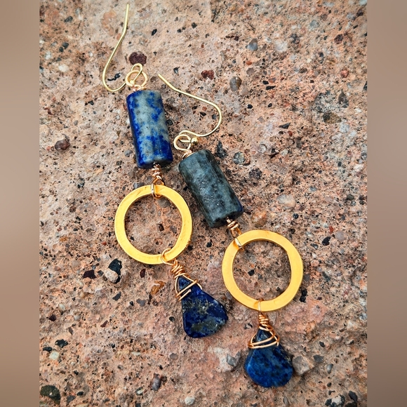 Handmade Jewelry - Ancient Sumerian Inspired Natural Lapis Lazuli In Hammered Gold Plated Earrings